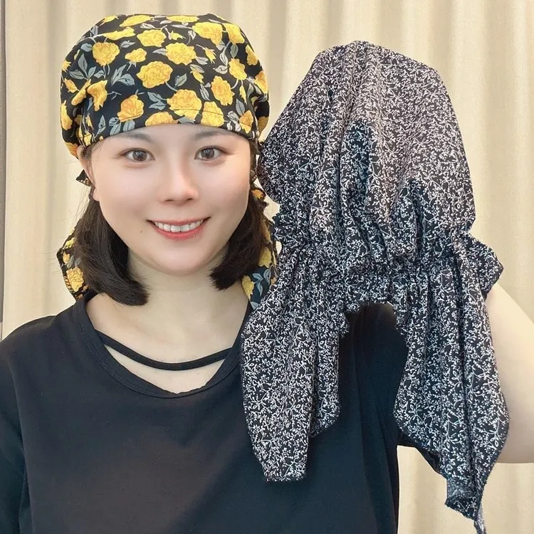 新款帽子妈妈四季包头遮白发薄款小帽女士时尚居家洋气碎花飘带帽