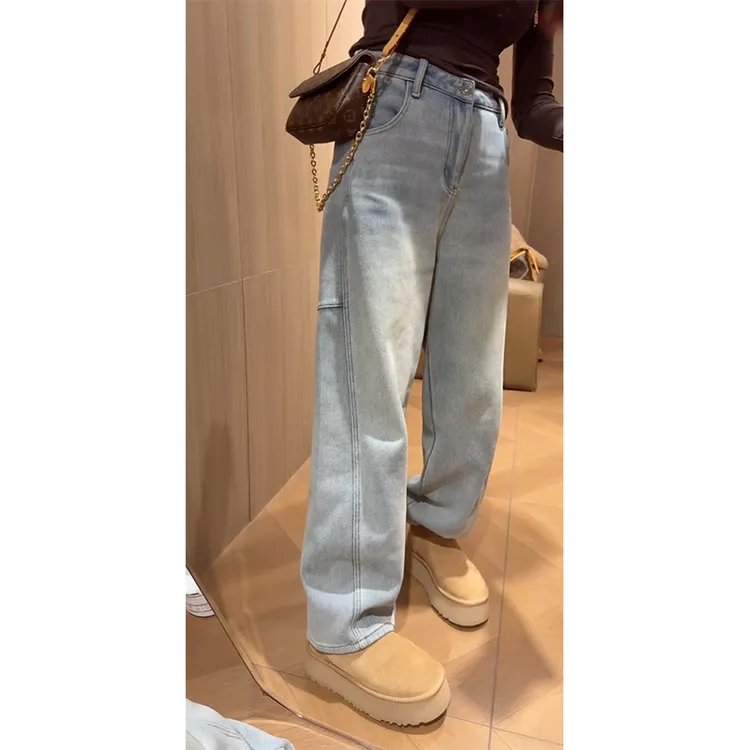 2025冬季新款百搭牛仔裤女大码显瘦阔腿直筒拖地裤遮肉时尚弯刀裤