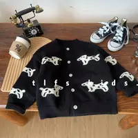 童例「黑色狗狗针织开衫」秋季新品条纹百搭洋气男童女童宝宝外套潮