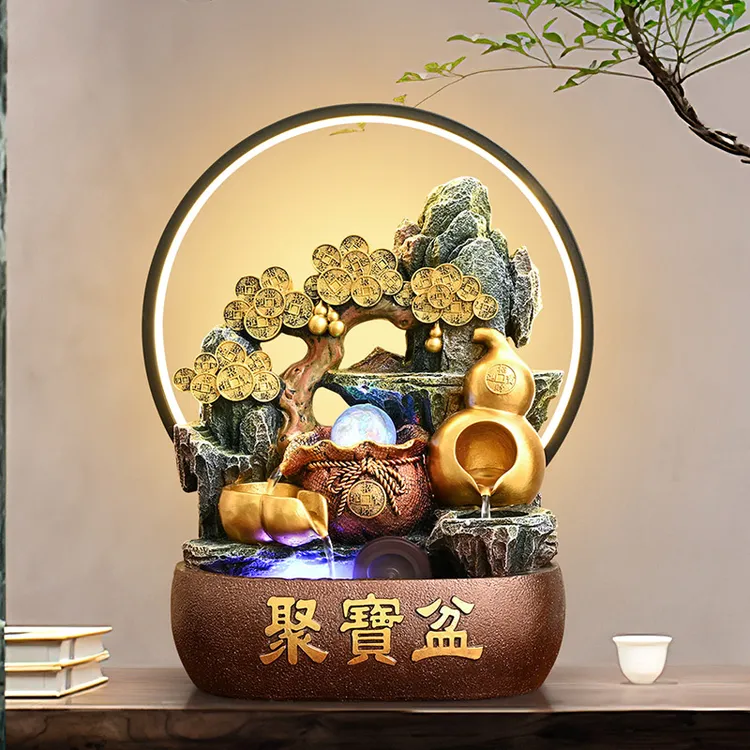 聚宝盆乔迁开业礼物办公室客厅假山流水摆件流水生财风水轮装饰品