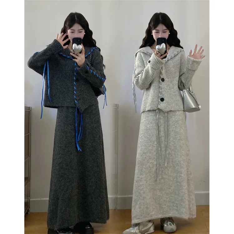 大码秋季新款胖MM设计感飘带大翻领宽松针织毛衣半身裙两件套