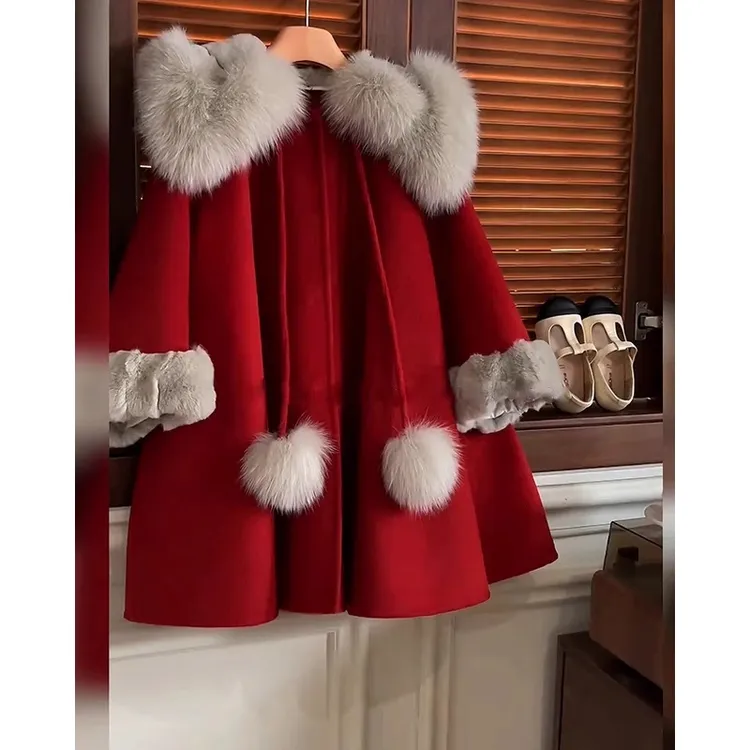 女童韩版专柜品质纯色大翻领公主风秋冬季呢大衣新年红色外套连帽