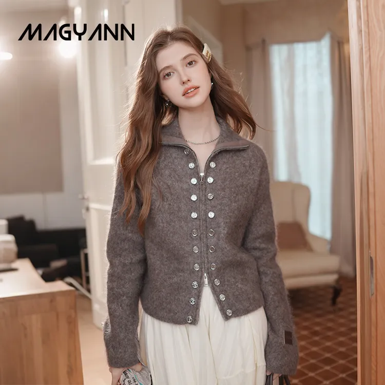 【LIHELI专属】Magyann 2025冬设计感毛衣女双排扣金属拉链开衫