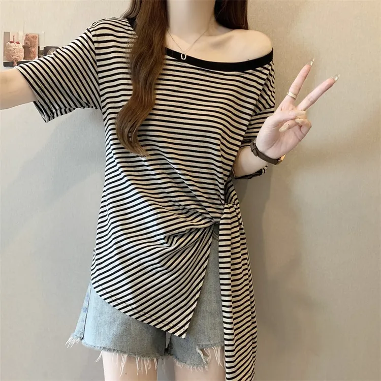 不规则斜肩撞色条纹短袖T恤女夏季大码胖mm设计感开叉显瘦上衣潮