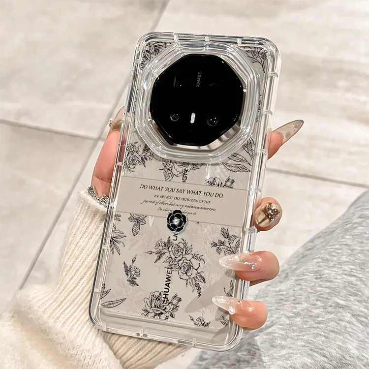 适用华为mate70rs非凡大师手机壳简约透明女款复古风线条花朵全包