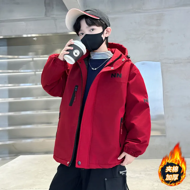 男童加厚夹棉外套2025新款儿童装秋冬款冬季冲锋衣大童男孩派克服