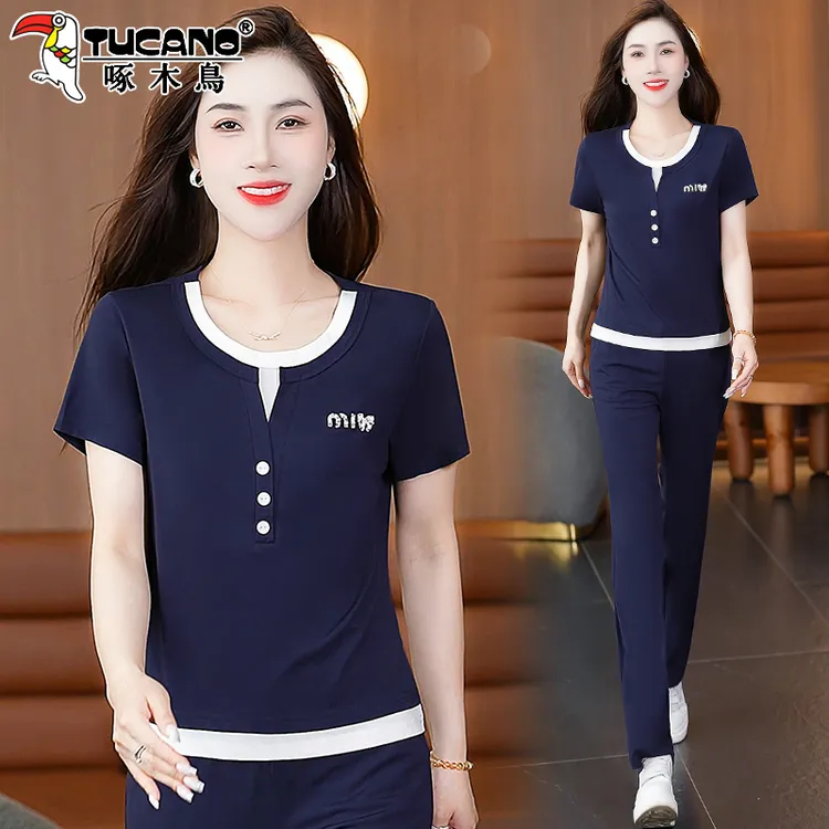 啄木鸟假两件短袖运动套装女夏薄款2025新款女士休闲跑步服两件套