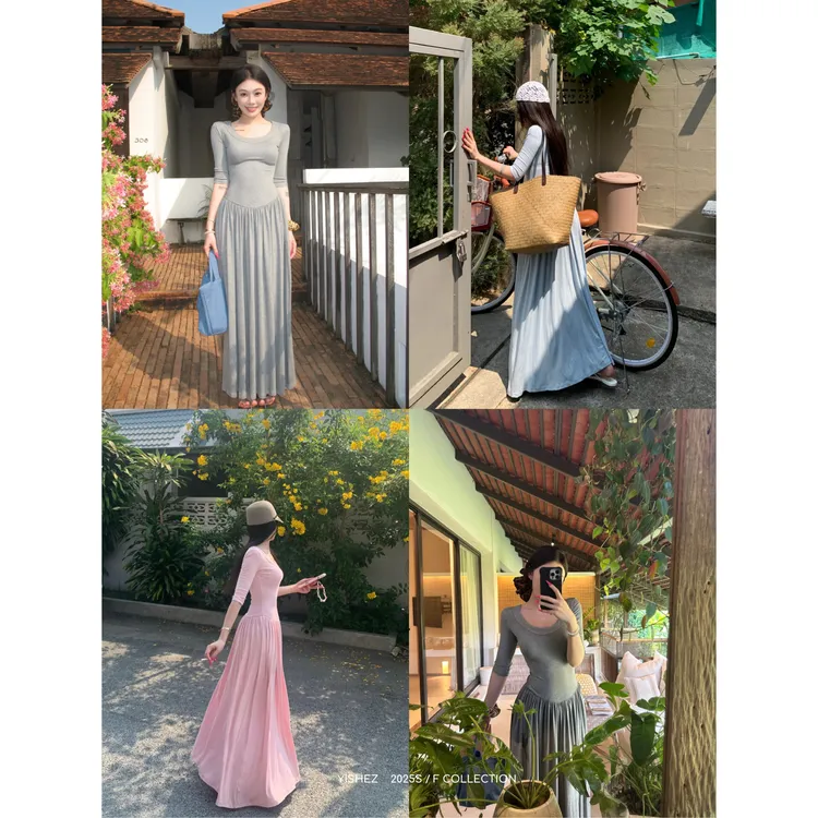 YISHEZ “淡人系”面膜连衣裙 春夏新款流行单品显瘦修身长裙女