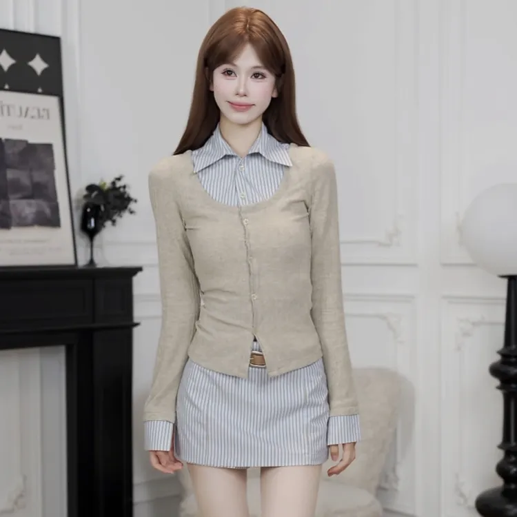 小小仟 假两件衬衫女2025新款上衣秋装搭配一整套韩系穿搭套装裙