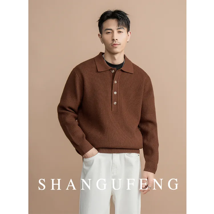 SHANGUFENG老钱细条纹羊毛混纺针织POLO衫男士休闲保暖翻领针织衫