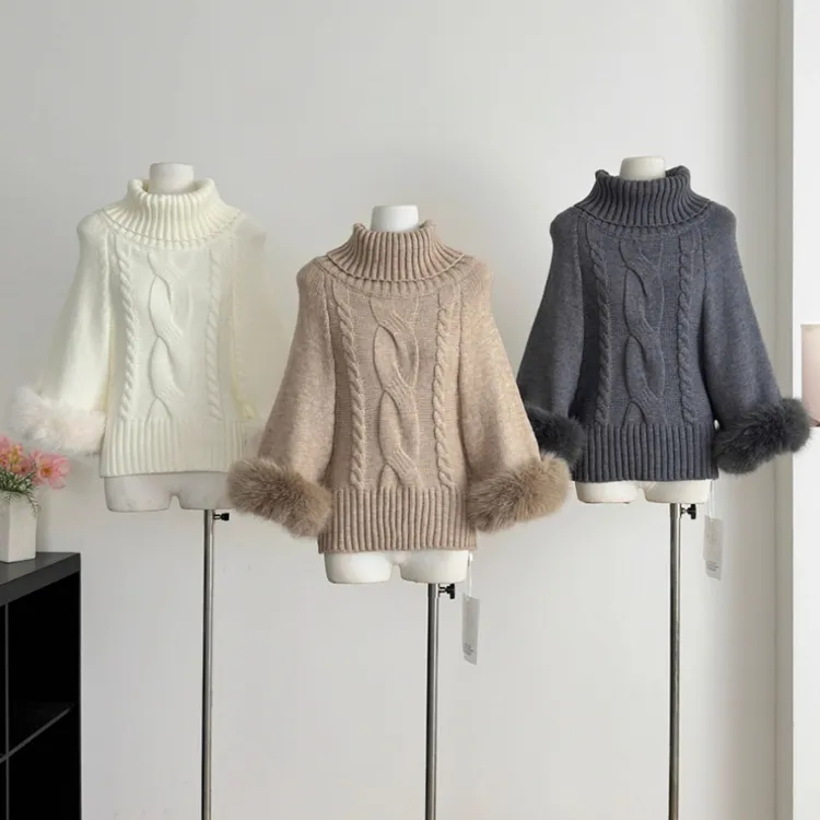 韩系慵懒风气质针织衫女2025秋冬新款毛毛拼接袖口小众高级感毛衣