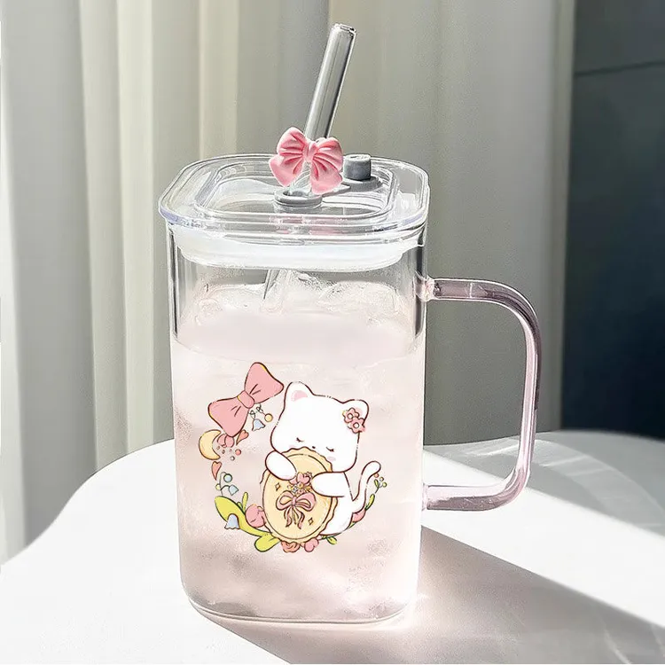 花花猫透明简约方形水杯女ins风把手玻璃吸管杯耐高温咖啡牛奶杯