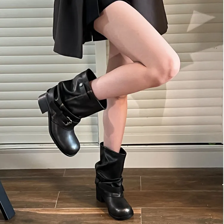 2025新款女短靴骑士靴圆头宽筒靴英伦风复古裤管靴堆堆靴牛仔靴