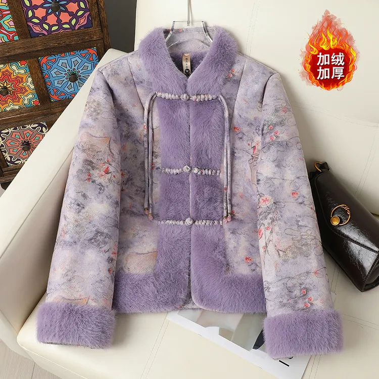 新中式妈妈秋冬水貂绒保暖外套2025新款中老年女国风皮毛一体大衣