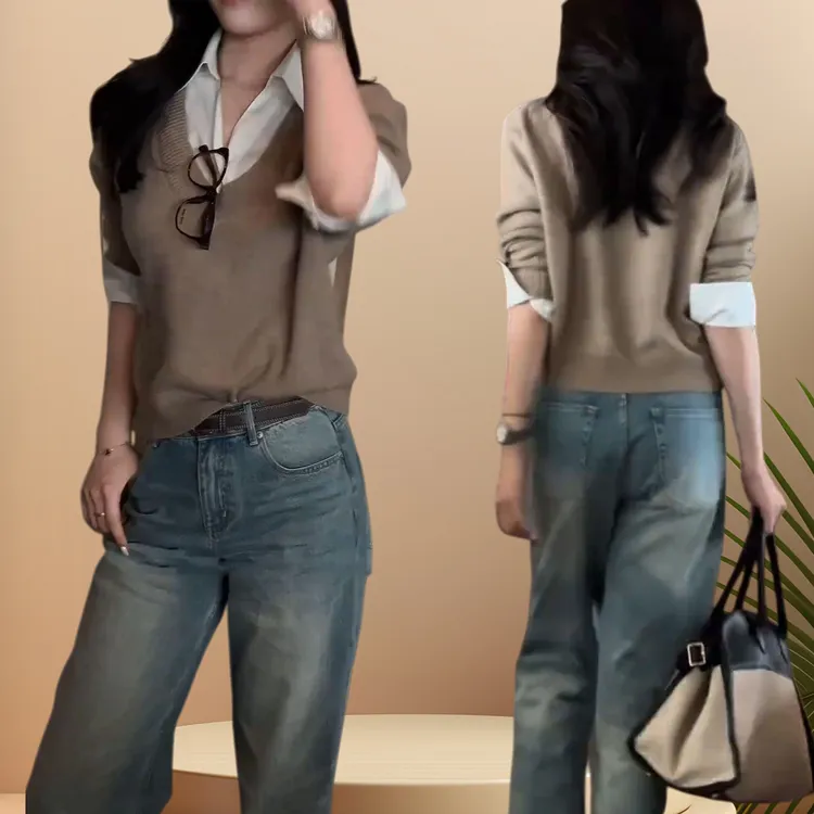 2025秋冬新款时尚洋气显瘦上衣潮休闲简约假两件POLO领拼接毛衣衫