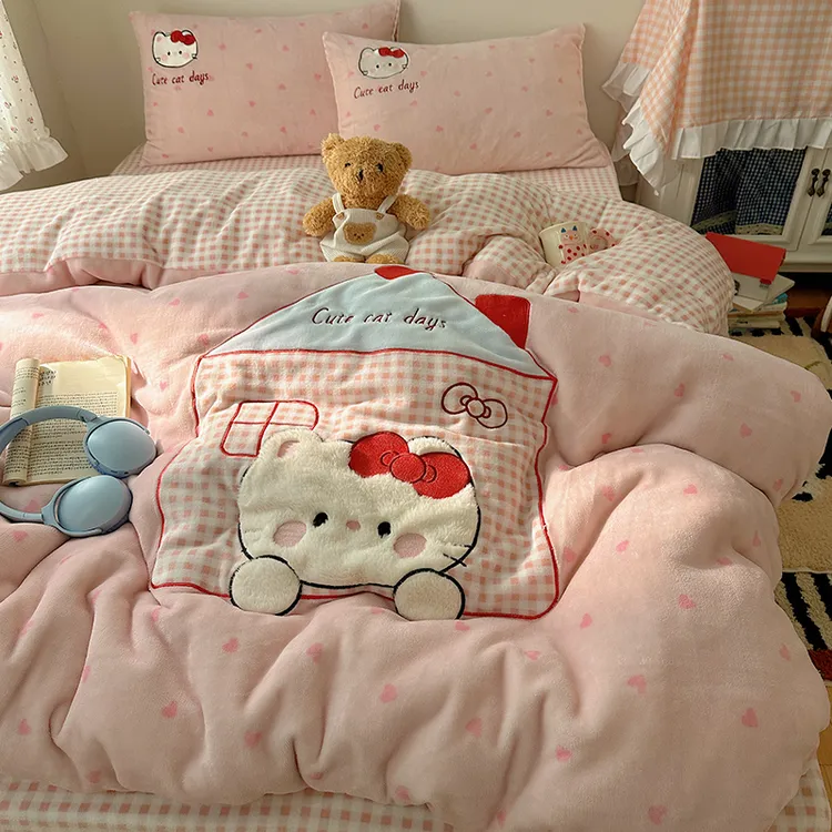 牛奶绒【铅笔屋猫】床上四件套双面绒被套三件套床单法兰绒加厚冬季