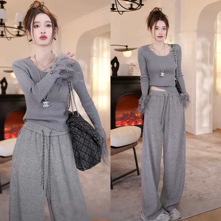 春秋时尚修身喇叭袖针织衫休闲裤两件套