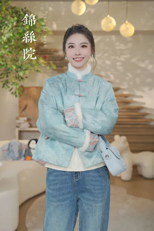 锦丝院【赛里木湖】90白鹅绒真丝桑蚕丝新中式国风双面穿保暖羽绒服