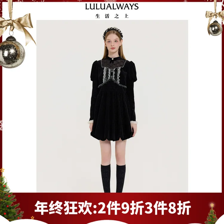 LULUALWAYS我爱露露25冬季新款复古宫廷网纱拼接羊腿袖短款连衣裙