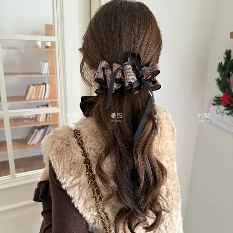 韩系千金风～多层蝴蝶结飘带香蕉夹后脑勺超紧植绒花朵马尾竖夹