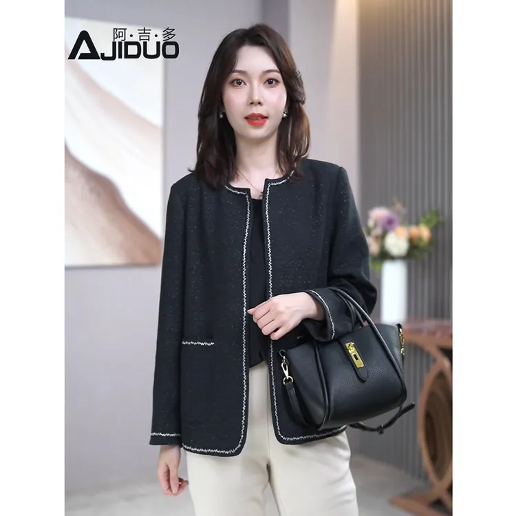 黑色小香风外套女2025秋季新款高级感圆领气质优雅通勤上衣短外套