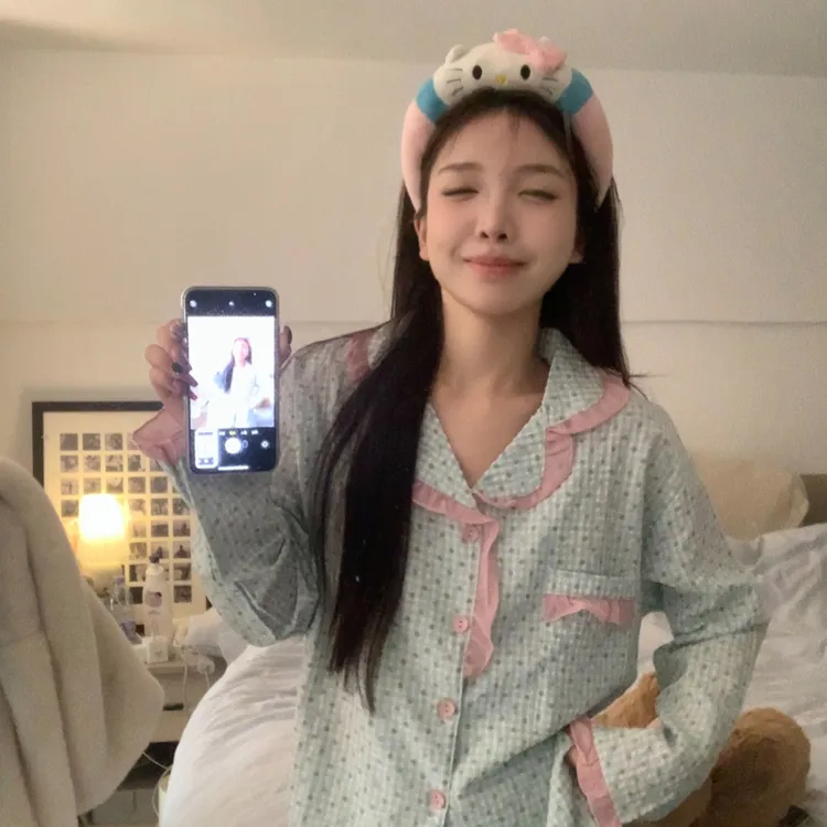 甜美格子长袖睡衣女薄款2025新款网红风休闲长裤家居服两件套装