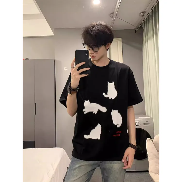 美式猫咪植绒短袖t恤男款夏季潮牌高级感痞帅设计感重磅情侣半袖