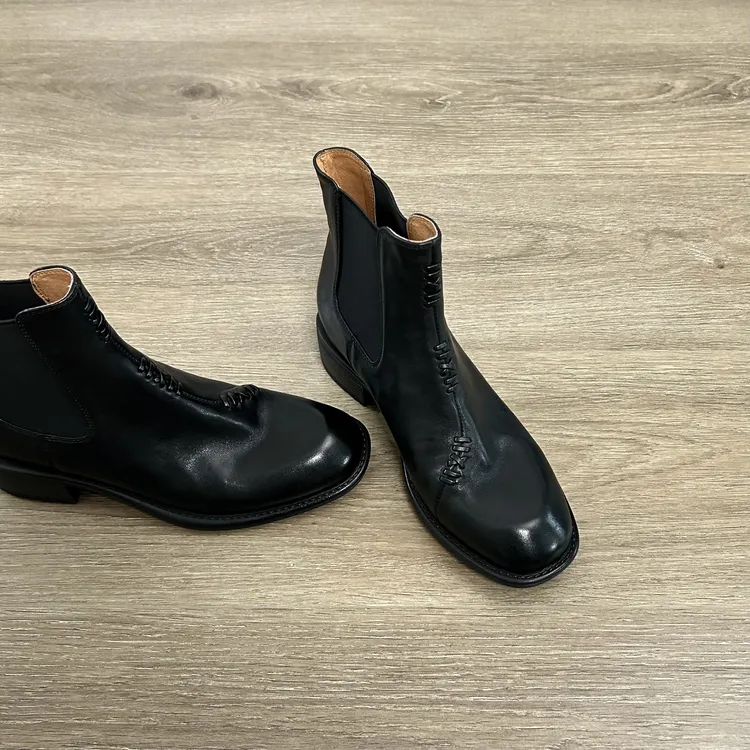 Dannyfrey新款复古头层牛皮编织拼接舒适女气质显瘦切尔西靴4CM