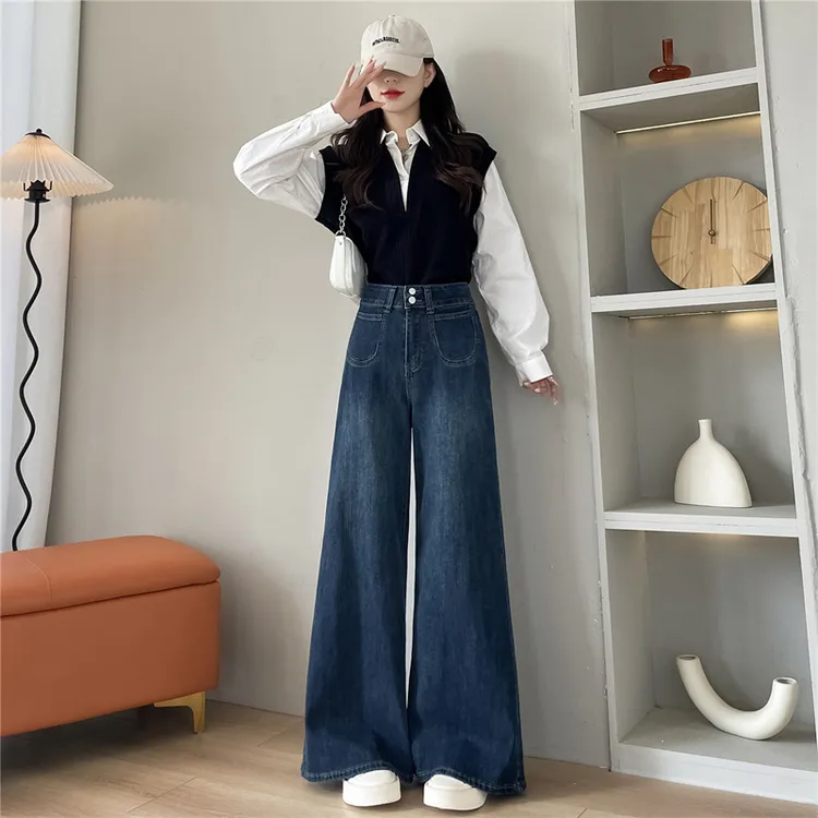 双扣高腰弹力设计感宽松阔腿牛仔裤女小个子九分大裤脚超好看裤子