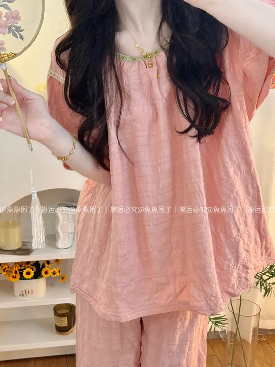 【桃之夭夭】春秋新款国风提花云朵棉少女睡衣套装家居服可外穿