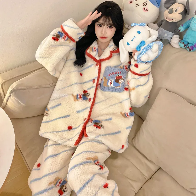珊瑚绒睡衣女款秋冬季加绒加厚保暖可爱卡通冬天可外穿家居服套装
