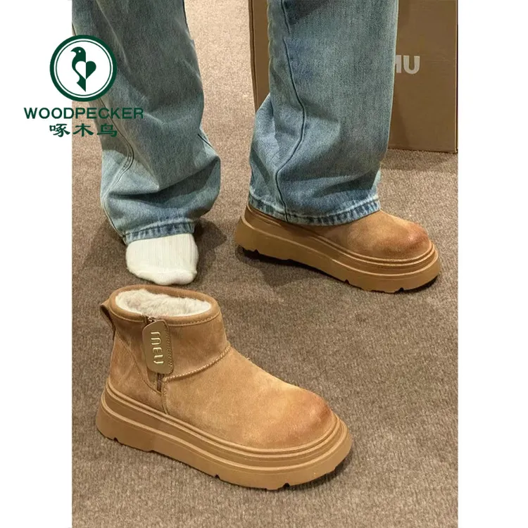 啄木鸟雪地靴女2025年新款加绒加厚户外厚底皮毛一体保暖东北棉鞋