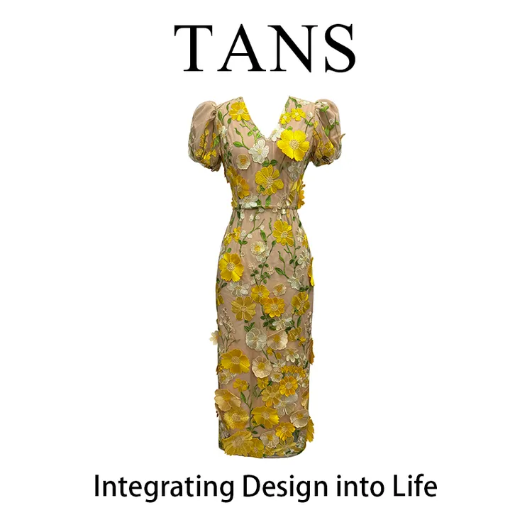 现货 TANS【落日岛屿】绝美重工立体花朵刺绣连衣裙春夏季高级