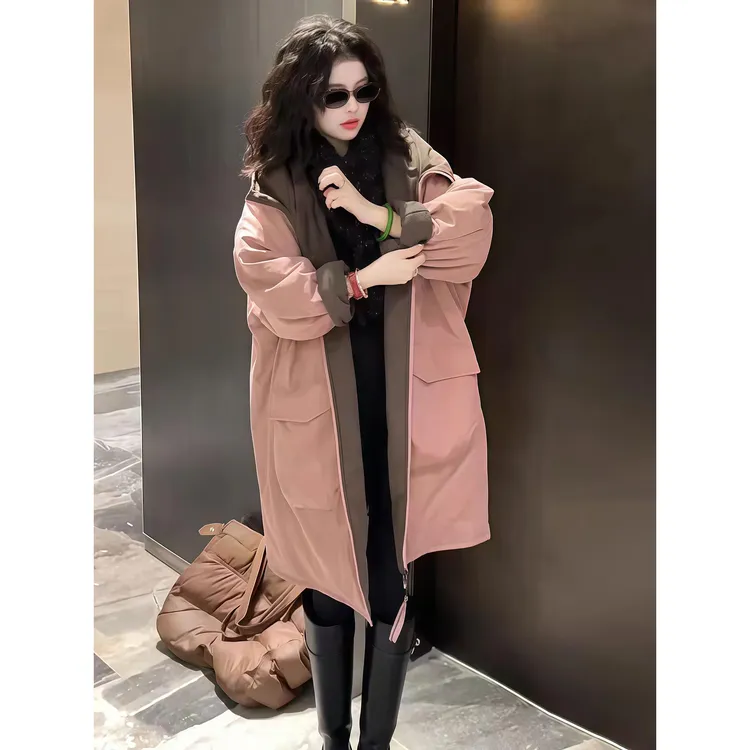 韩版休闲两面穿连帽棉服女秋冬季新款上衣宽松时尚中长款棉衣外套