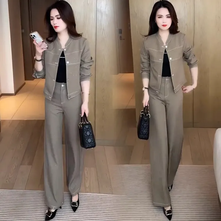 时尚休闲套装女2025春秋新款减龄显瘦圆领短外套高腰阔腿裤两件套