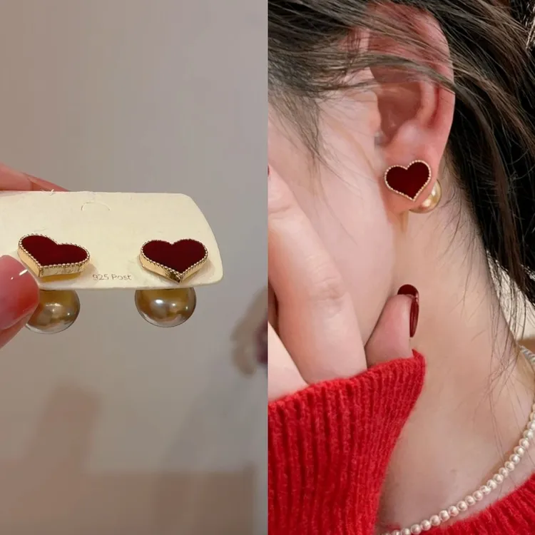 铜合金耳饰 植绒红色爱心珠珠一款两戴耳环