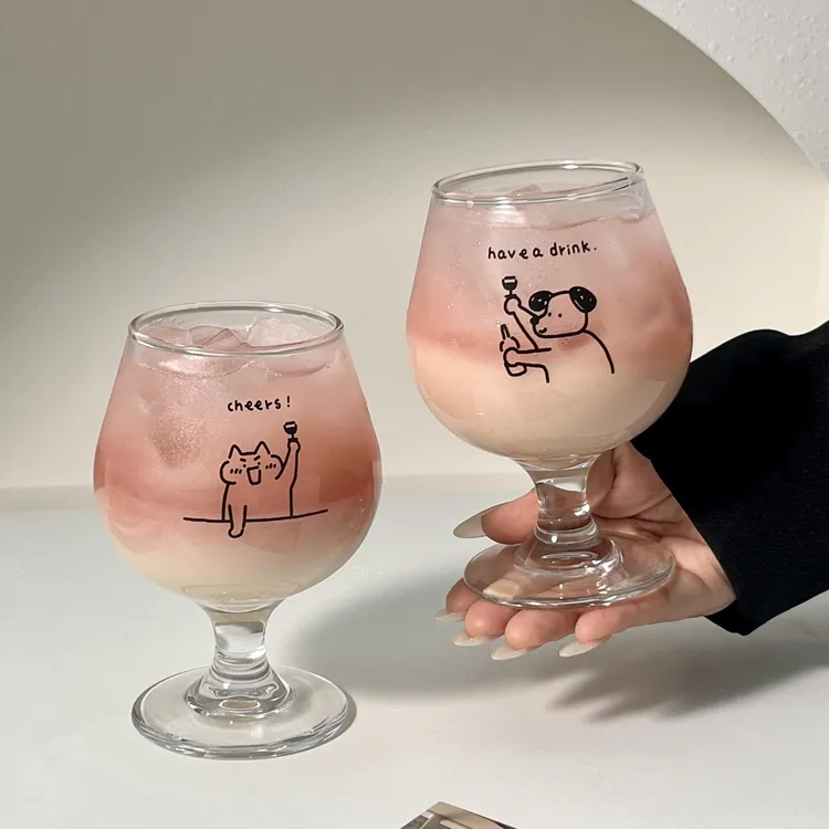 原创韩式可爱小狗ins风玻璃杯高脚杯甜品杯果酒杯果汁杯气泡水杯