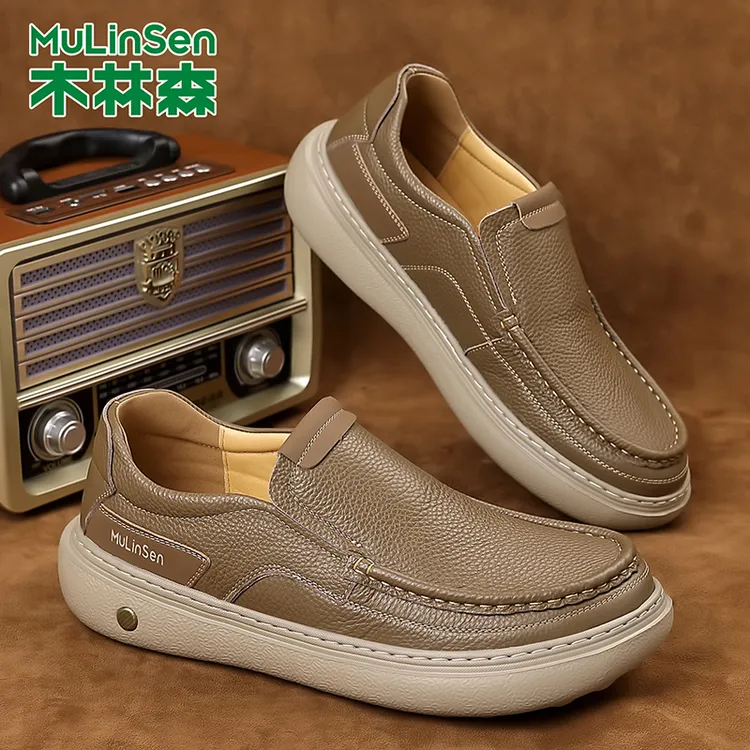 木林森男鞋2025冬季新款低帮头层牛皮一脚蹬时尚百搭商务休闲皮鞋