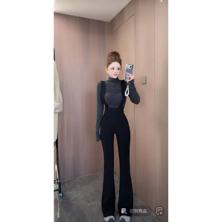 曼曼【长腿特派】冬加厚高腰连体喇叭背带裤3769#