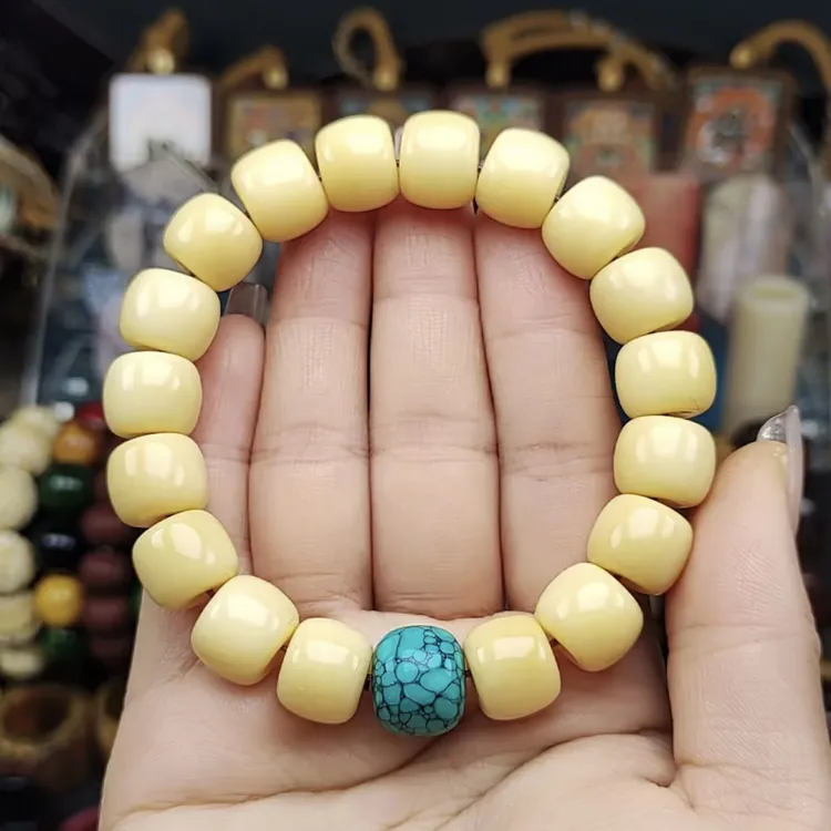 油润驼骨浅黄色款老型桶珠男女情侣送礼必备14mm