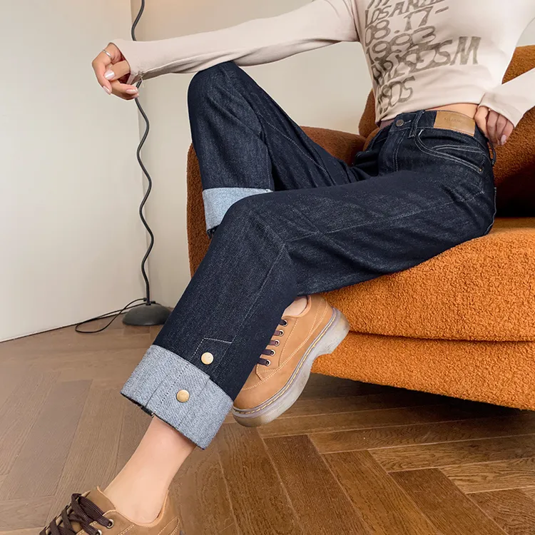 丹宁蓝直筒牛仔裤女九分裤早春季新款窄版弹力显瘦小个子烟管裤子