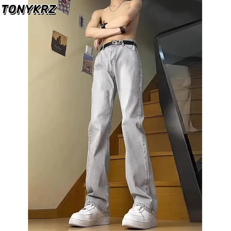 TONYKRZ烟灰色牛仔裤男款美式高街潮牌痞帅炸街修身直筒微喇长裤