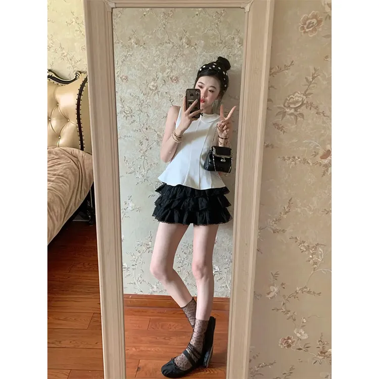 简约风修身显瘦无袖小众穿搭上衣2025夏季气质时尚收腰a字半身裙 