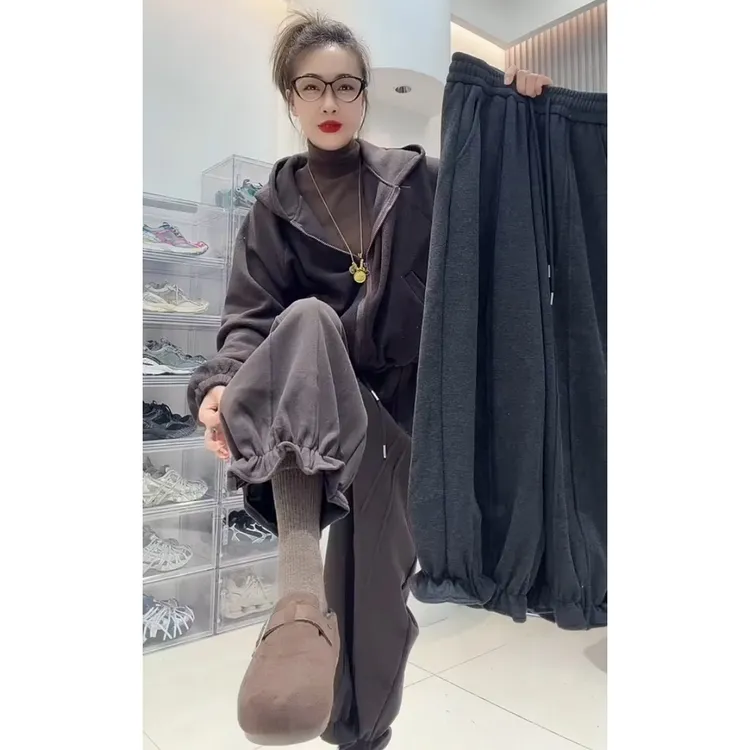 束脚花边灯笼卫裤女2025年秋冬新款加绒保暖松紧腰休闲阔腿九分裤