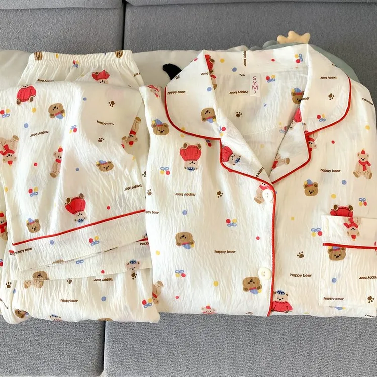 【云朵绵】大码睡衣女红色小熊春秋长袖长裤家居服套装外穿