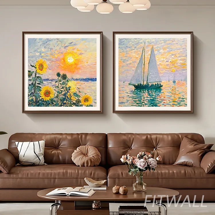 《向阳而歌》莫奈手绘油画向日葵帆船法式复古风客厅餐厅组合挂画