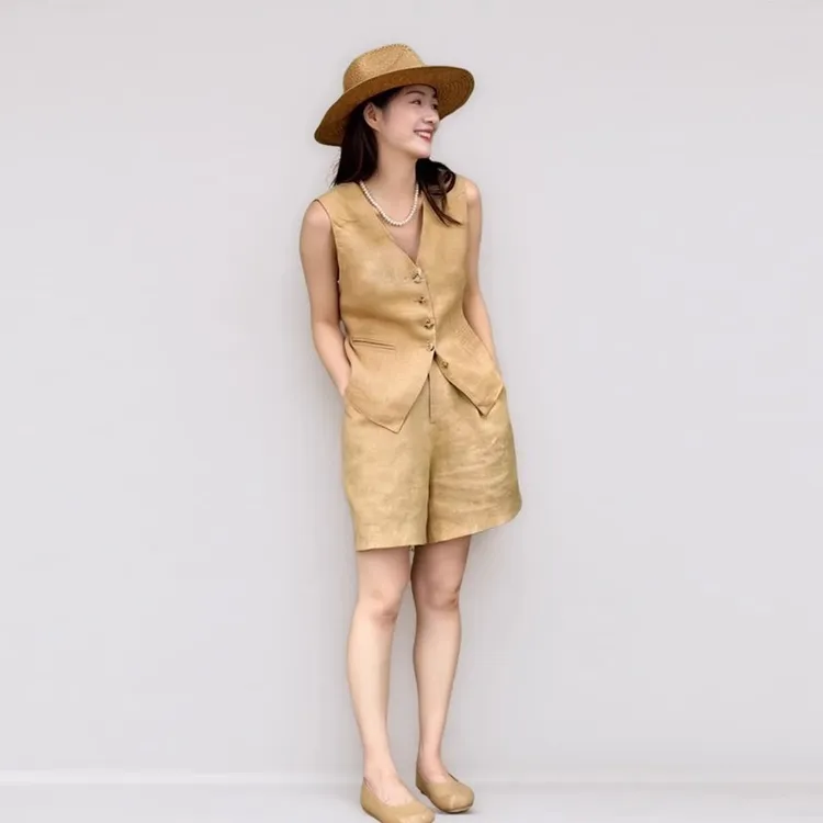 新款高级气质显瘦时尚法式复古亚麻马甲短裤套装女夏季休闲两件套