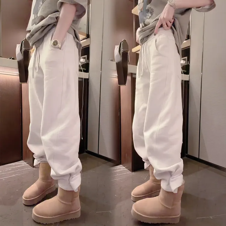 欧洲站2025秋冬新款休闲运动加绒卫裤女韩版洋气裤脚纽扣直筒裤潮