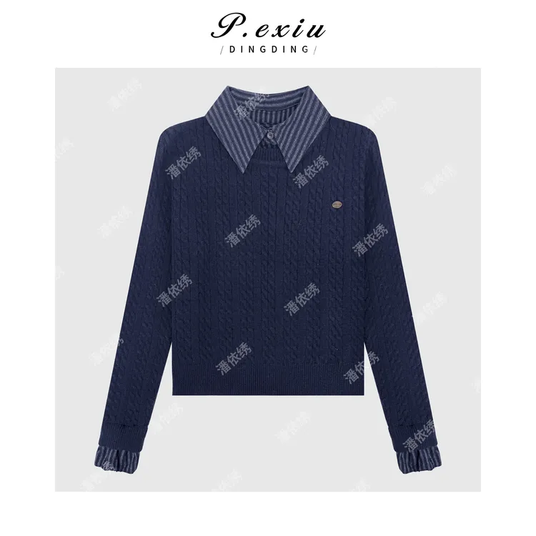 学院风拼接假两件绞花套头针织毛衣 ZZ1085