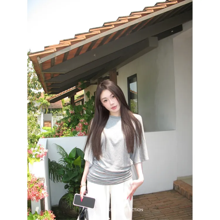 YISHEZ “成分党”松烟灰/黑/粉 莱塞尔短袖女宽松慵懒风上衣T恤